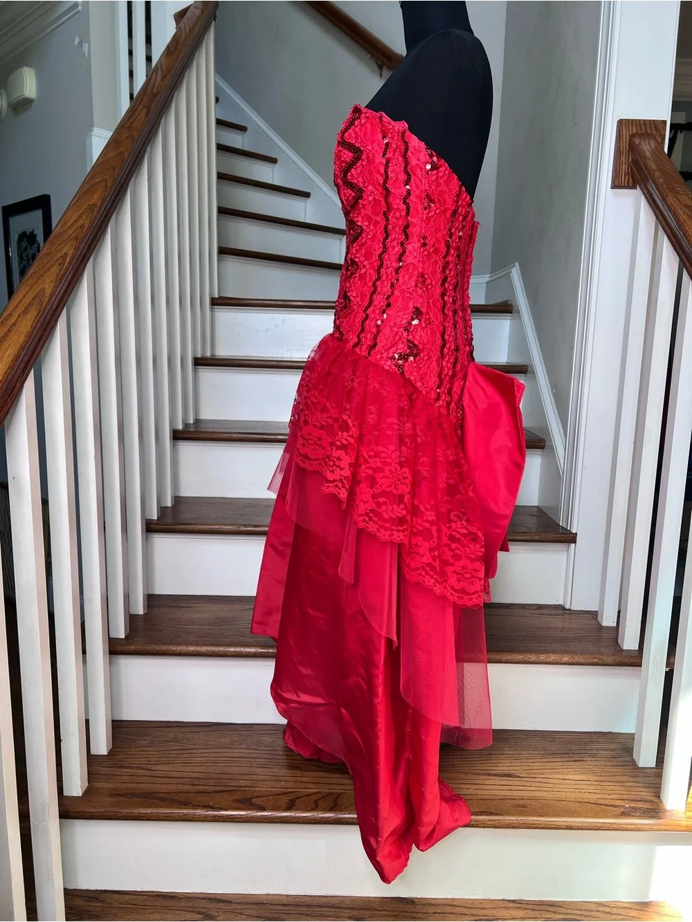 Vintage 80s Red Strapless Prom Dress Sequin Lace Bustle Bow Formal Gown XS